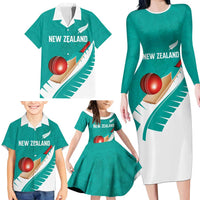 Custom New Zealand Cricket Family Matching Long Sleeve Bodycon Dress and Hawaiian Shirt Kiwi Birds Haka Dance Turquoise Fern Sporty Style LT03 - Polynesian Pride