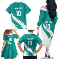 Custom New Zealand Cricket Family Matching Off The Shoulder Long Sleeve Dress and Hawaiian Shirt Kiwi Birds Haka Dance Turquoise Fern Sporty Style LT03 - Polynesian Pride