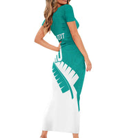 Custom New Zealand Cricket Family Matching Short Sleeve Bodycon Dress and Hawaiian Shirt Kiwi Birds Haka Dance Turquoise Fern Sporty Style LT03 - Polynesian Pride
