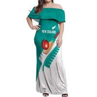 Custom New Zealand Cricket Off Shoulder Maxi Dress Kiwi Birds Haka Dance Turquoise Fern Sporty Style LT03 Women Turquoise - Polynesian Pride