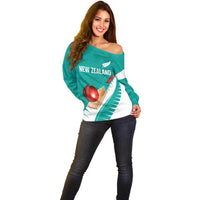 Custom New Zealand Cricket Off Shoulder Sweater Kiwi Birds Haka Dance Turquoise Fern Sporty Style LT03 - Polynesian Pride