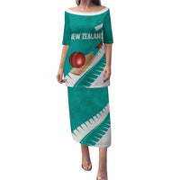 Custom New Zealand Cricket Puletasi Kiwi Birds Haka Dance Turquoise Fern Sporty Style LT03 Long Dress Turquoise - Polynesian Pride