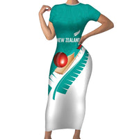 Custom New Zealand Cricket Short Sleeve Bodycon Dress Kiwi Birds Haka Dance Turquoise Fern Sporty Style LT03 Long Dress Turquoise - Polynesian Pride