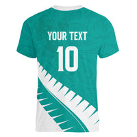 Custom New Zealand Cricket Women V-Neck T-Shirt Kiwi Birds Haka Dance Turquoise Fern Sporty Style LT03 - Polynesian Pride