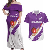 Custom New Zealand Cricket Couples Matching Off Shoulder Maxi Dress and Hawaiian Shirt Kiwi Birds Haka Dance Purple Fern Sporty Style LT03 Purple - Polynesian Pride