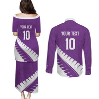 Custom New Zealand Cricket Couples Matching Puletasi and Long Sleeve Button Shirt Kiwi Birds Haka Dance Purple Fern Sporty Style LT03 - Polynesian Pride