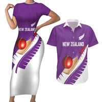 Custom New Zealand Cricket Couples Matching Short Sleeve Bodycon Dress and Hawaiian Shirt Kiwi Birds Haka Dance Purple Fern Sporty Style LT03 Purple - Polynesian Pride