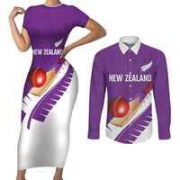 Custom New Zealand Cricket Couples Matching Short Sleeve Bodycon Dress and Long Sleeve Button Shirt Kiwi Birds Haka Dance Purple Fern Sporty Style LT03 Purple - Polynesian Pride