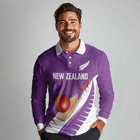 Custom New Zealand Cricket Long Sleeve Polo Shirt Kiwi Birds Haka Dance Purple Fern Sporty Style LT03 - Polynesian Pride