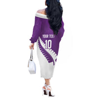 Custom New Zealand Cricket Off The Shoulder Long Sleeve Dress Kiwi Birds Haka Dance Purple Fern Sporty Style LT03 - Polynesian Pride