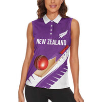 Custom New Zealand Cricket Women Sleeveless Polo Shirt Kiwi Birds Haka Dance Purple Fern Sporty Style LT03 - Polynesian Pride