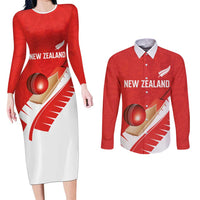 Custom New Zealand Cricket Couples Matching Long Sleeve Bodycon Dress and Long Sleeve Button Shirt Kiwi Birds Haka Dance Red Fern Sporty Style LT03 Red - Polynesian Pride