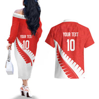 Custom New Zealand Cricket Couples Matching Off The Shoulder Long Sleeve Dress and Hawaiian Shirt Kiwi Birds Haka Dance Red Fern Sporty Style LT03 - Polynesian Pride