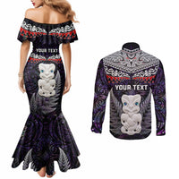 New Zealand Hei Tiki Couples Matching Mermaid Dress and Long Sleeve Button Shirt Maori Purple Papua Shell Pattern LT03 - Polynesian Pride