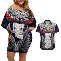 New Zealand Hei Tiki Couples Matching Off Shoulder Short Dress and Hawaiian Shirt Maori Purple Papua Shell Pattern LT03 Purple - Polynesian Pride
