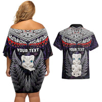 New Zealand Hei Tiki Couples Matching Off Shoulder Short Dress and Hawaiian Shirt Maori Purple Papua Shell Pattern LT03 - Polynesian Pride