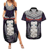 New Zealand Hei Tiki Couples Matching Summer Maxi Dress and Hawaiian Shirt Maori Purple Papua Shell Pattern LT03 Purple - Polynesian Pride