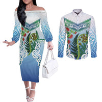 Aotearoa New Zealand Natural Plants Couples Matching Off The Shoulder Long Sleeve Dress and Long Sleeve Button Shirt Pohutukawa with Silver Ferns Koru Frond Maori Tattoos LT03 Multicolor - Polynesian Pride