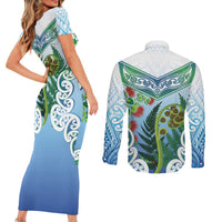 Aotearoa New Zealand Natural Plants Couples Matching Short Sleeve Bodycon Dress and Long Sleeve Button Shirt Pohutukawa with Silver Ferns Koru Frond Maori Tattoos LT03 - Polynesian Pride