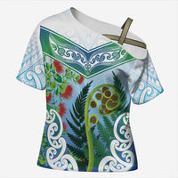 Aotearoa New Zealand Natural Plants Cross Shoulder Shirt Pohutukawa with Silver Ferns Koru Frond Maori Tattoos LT03 Female Multicolor - Polynesian Pride