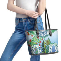 Aotearoa New Zealand Natural Plants Leather Tote Bag Pohutukawa with Silver Ferns Koru Frond Maori Tattoos LT03 - Polynesian Pride