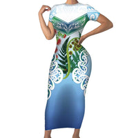 Aotearoa New Zealand Natural Plants Short Sleeve Bodycon Dress Pohutukawa with Silver Ferns Koru Frond Maori Tattoos LT03 Long Dress Multicolor - Polynesian Pride