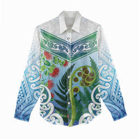 Aotearoa New Zealand Natural Plants Women Casual Shirt Pohutukawa with Silver Ferns Koru Frond Maori Tattoos LT03 - Polynesian Pride