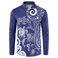 New Zealand Sea Animals with Maori Tribal Tattoo Button Sweatshirt Blue Color