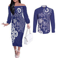 New Zealand Sea Animals with Maori Tribal Tattoo Couples Matching Off The Shoulder Long Sleeve Dress and Long Sleeve Button Shirt Blue Color LT03 Blue - Polynesian Pride