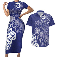 New Zealand Sea Animals with Maori Tribal Tattoo Couples Matching Short Sleeve Bodycon Dress and Hawaiian Shirt Blue Color LT03 Blue - Polynesian Pride
