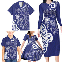 New Zealand Sea Animals with Maori Tribal Tattoo Family Matching Long Sleeve Bodycon Dress and Hawaiian Shirt Blue Color LT03 - Polynesian Pride