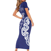 New Zealand Sea Animals with Maori Tribal Tattoo Family Matching Short Sleeve Bodycon Dress and Hawaiian Shirt Blue Color LT03 - Polynesian Pride