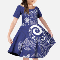 New Zealand Sea Animals with Maori Tribal Tattoo Family Matching Tank Maxi Dress and Hawaiian Shirt Blue Color LT03 Daughter's Dress Blue - Polynesian Pride