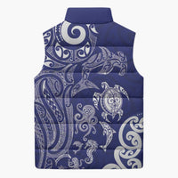 New Zealand Sea Animals with Maori Tribal Tattoo Sleeveless Puffer Jacket Blue Color