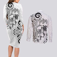 New Zealand Sea Animals with Maori Tribal Tattoo Couples Matching Long Sleeve Bodycon Dress and Long Sleeve Button Shirt White Color LT03 - Polynesian Pride