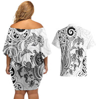 New Zealand Sea Animals with Maori Tribal Tattoo Couples Matching Off Shoulder Short Dress and Hawaiian Shirt White Color LT03 - Polynesian Pride