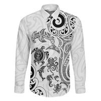 New Zealand Sea Animals with Maori Tribal Tattoo Family Matching Off The Shoulder Long Sleeve Dress and Hawaiian Shirt White Color LT03 Dad's Shirt - Long Sleeve White - Polynesian Pride