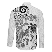 New Zealand Sea Animals with Maori Tribal Tattoo Family Matching Off The Shoulder Long Sleeve Dress and Hawaiian Shirt White Color LT03 - Polynesian Pride