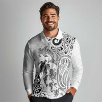 New Zealand Sea Animals with Maori Tribal Tattoo Long Sleeve Polo Shirt White Color LT03 - Polynesian Pride