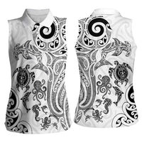 New Zealand Sea Animals with Maori Tribal Tattoo Women Sleeveless Polo Shirt White Color LT03 - Polynesian Pride