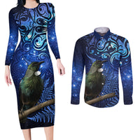 New Zealand Tui Bird Matariki Couples Matching Long Sleeve Bodycon Dress and Long Sleeve Button Shirt Maori New Year with Galaxy Fern LT03 Blue - Polynesian Pride