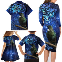 New Zealand Tui Bird Matariki Family Matching Long Sleeve Bodycon Dress and Hawaiian Shirt Maori New Year with Galaxy Fern LT03 - Polynesian Pride