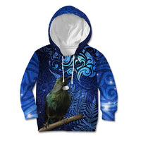 New Zealand Tui Bird Matariki Kid Hoodie Maori New Year with Galaxy Fern LT03 Hoodie Blue - Polynesian Pride