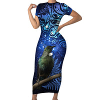 New Zealand Tui Bird Matariki Short Sleeve Bodycon Dress Maori New Year with Galaxy Fern LT03 Long Dress Blue - Polynesian Pride
