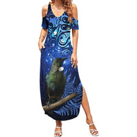 New Zealand Tui Bird Matariki Summer Maxi Dress Maori New Year with Galaxy Fern LT03 Women Blue - Polynesian Pride