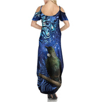 New Zealand Tui Bird Matariki Summer Maxi Dress Maori New Year with Galaxy Fern LT03 - Polynesian Pride