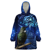 New Zealand Tui Bird Matariki Wearable Blanket Hoodie Maori New Year with Galaxy Fern LT03 One Size Blue - Polynesian Pride