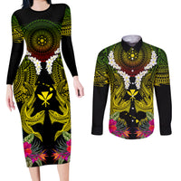 Hawaii Kanaka Maoli Couples Matching Long Sleeve Bodycon Dress and Long Sleeve Button Shirt Double Shark and Hibiscus Flowers