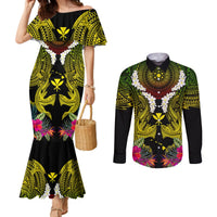 Hawaii Kanaka Maoli Couples Matching Mermaid Dress and Long Sleeve Button Shirt Double Shark and Hibiscus Flowers LT03 Black - Polynesian Pride