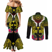 Hawaii Kanaka Maoli Couples Matching Mermaid Dress and Long Sleeve Button Shirt Double Shark and Hibiscus Flowers LT03 - Polynesian Pride